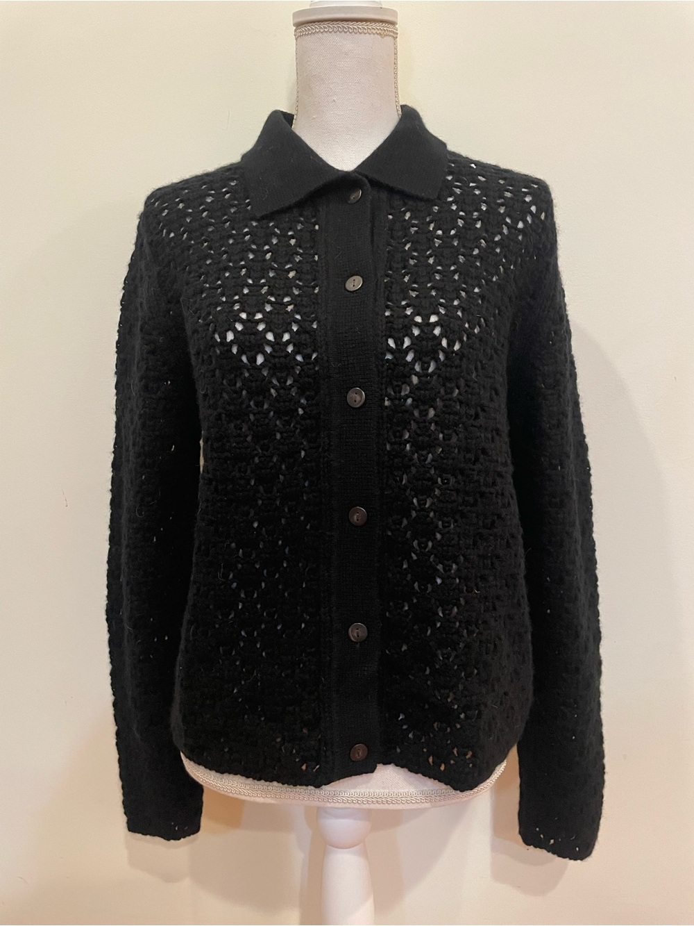 NWT Vince Crochet Button Cardigan Black Wool Cashmere Size L $375